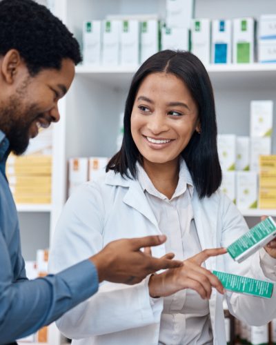 Pharmacy product, customer or woman helping man with pills choice, pharmaceuticals decision or medi.